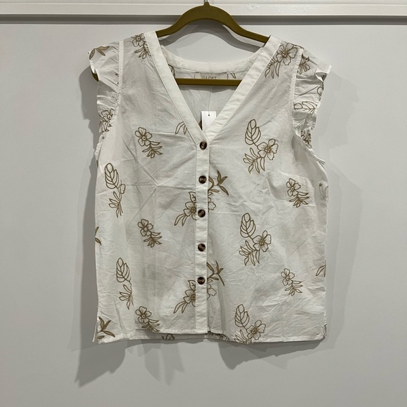 NWT LOFT White & Gold Floral Embroidered Ruffle Button Top - Size M - Picture 3 of 7
